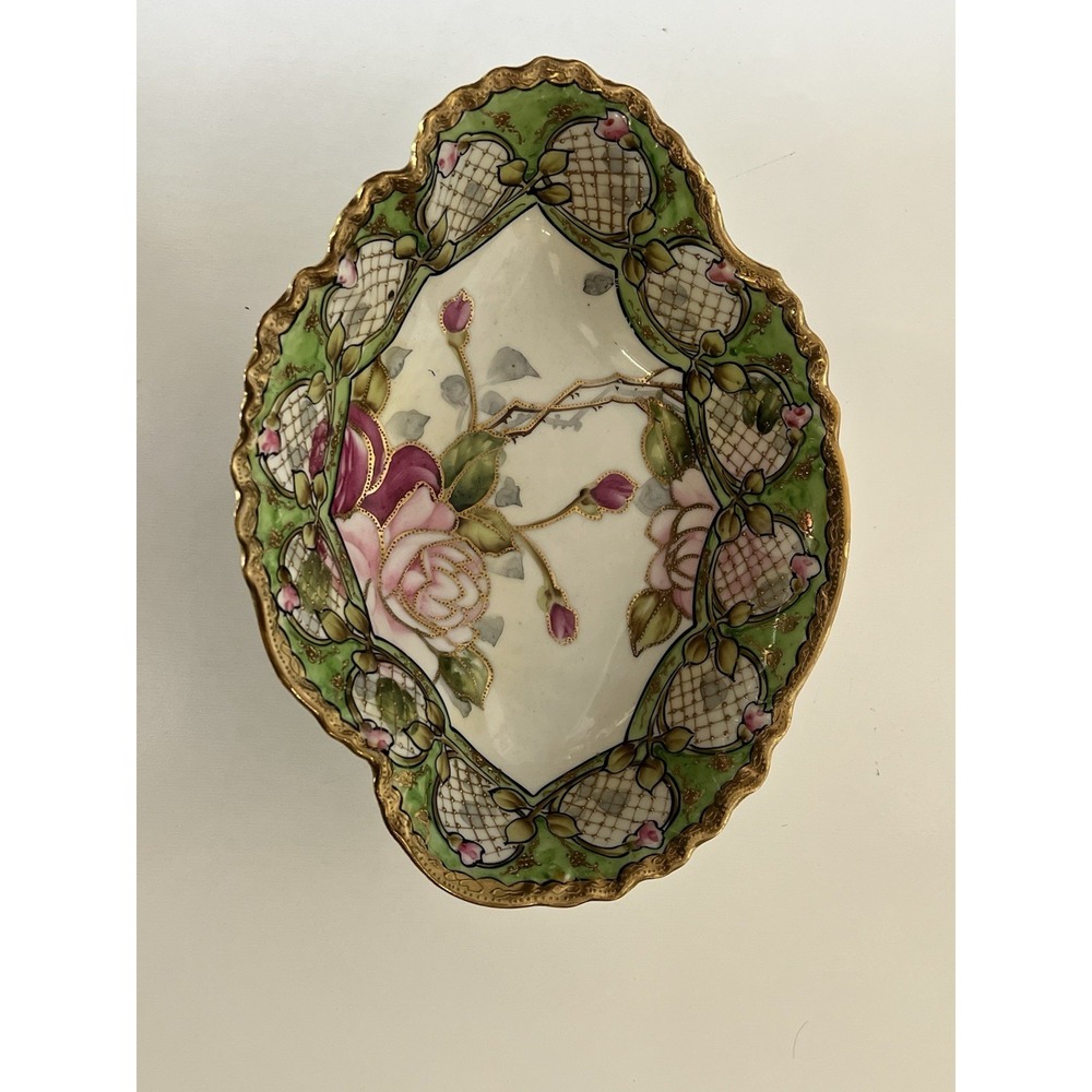 Antique Nippon Hand Painted Oval Trinket Dish Red Pink Roses Gold Moriage Trim